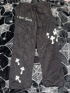 Black manfinity sweatpants with white cross graphics i fear god size L